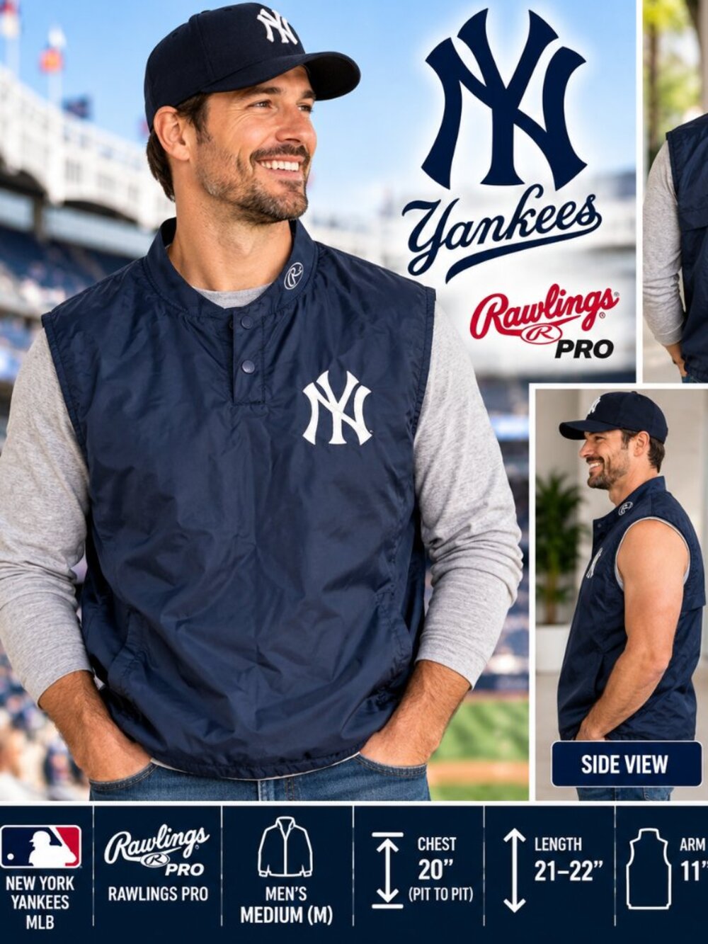 NEW YORK YANKEES RAWLINGS PRO VINTAGE STYLE WINDBREAKER VEST – MEN'S M